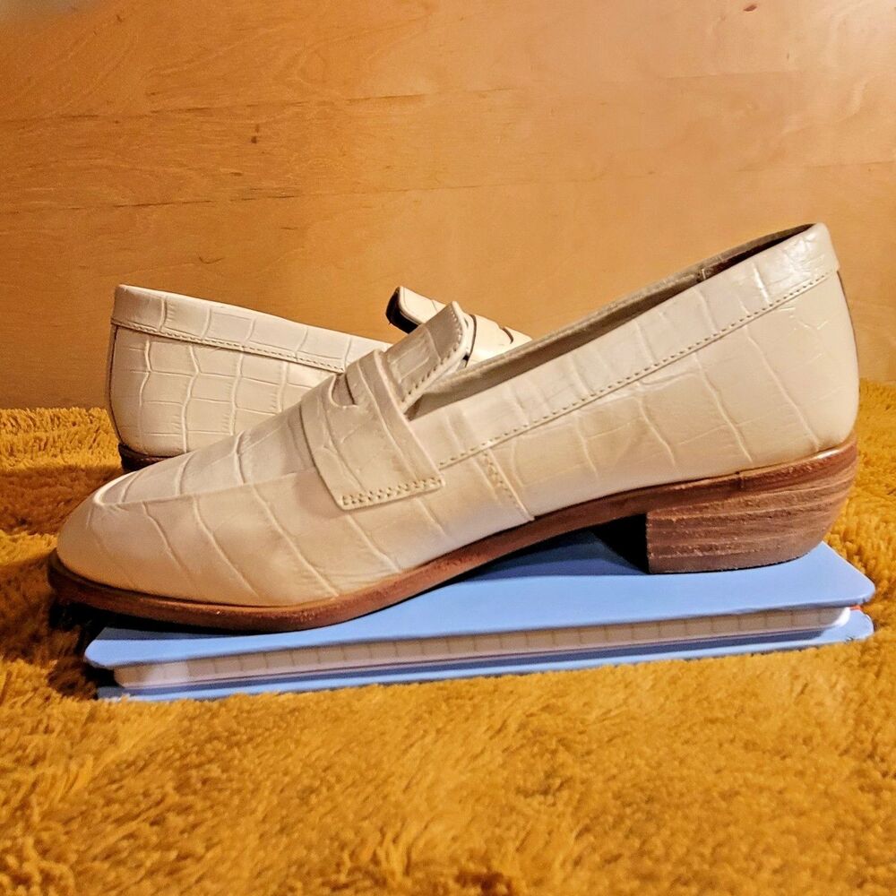 42 Gold Yasmeen Penny Loafers Croc Embossed Cream Leather Wood Heel Women 5 Shoe